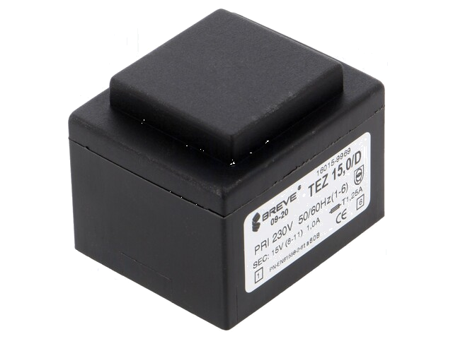 Transformator: ingegoten; 15VA; 230VAC; 15V; 1A; PCB; IP00; A: 44mm Transformator: ingegoten; 15VA; 230VAC; 15V; 1A; PCB; IP00; A: 44mm